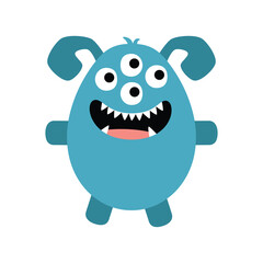 Blue monster icon. Happy Halloween. Colorful monsters. Cartoon kawaii funny character. Cute face with teeth, four eyes, hands. Childish collection. Flat design. White background. Vector
