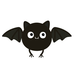 Happy Halloween. Flying bat round black silhouette icon. Cute cartoon baby character with open wing, eyes, ears, fang tooth. Funny animal. Greeting card. Flat design. White background. Vector