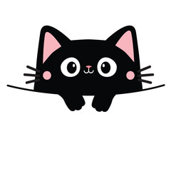 Cute cat kitty black silhouette hanging on paper. Peeking kitten. Paws. Kawaii cartoon funny baby character. Happy Valentines Day. Childish style. Greeting card. Flat design White background. Vector