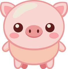 Cute Pink Pig Cartoon Character with Big Eyes and Rosy Cheeks on white background
