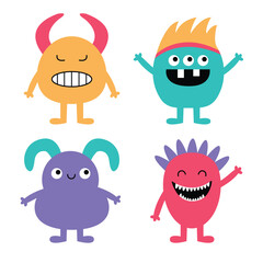 Happy Halloween. Funny monster set. Cute cartoon character. Colorful silhouette monsters. Kawaii face with teeth, horns, eyes, hands. Childish baby collection. Flat design. White background. Vector