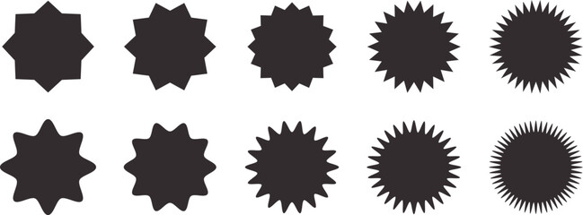 Abstract starburst badge set with outlined and filled sunburst shapes in vector style, retro label design elements for decoration, vintage stamps, and creative graphic templates.
