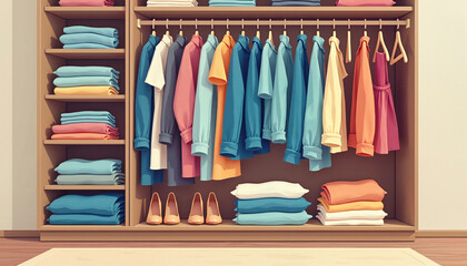 Wardrobe filled with colorful clothing and shoes
