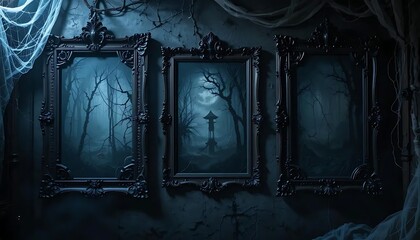 Three ornate frames display spooky forest scenes creating a haunted halloween atmosphere