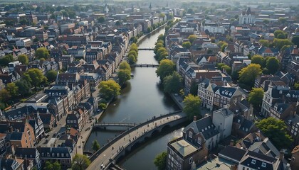 Fototapeta premium Aerial view of a charming european city with a canal running through the center