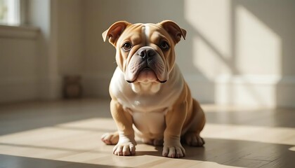 Adorable english bulldog puppy sitting patiently on a bright wooden floor indoors
