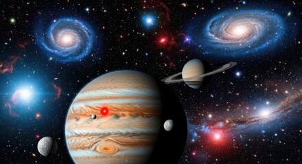 Naklejka premium Vibrant galaxy, planets, and stars, colorful cosmic scene, astronomy background, space exploration