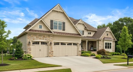 A grand, two-story suburban home with a stone facade, multiple garage doors, and lush landscaping under a bright blue sky.