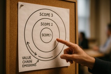Close-up of diagram showing Scope 1, Scope 2, and Scope 3 emissions with a hand pointing at the Scope 3 zone on a corkboard.