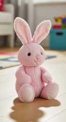 Adorable pink plush bunny rabbit doll sitting upright on wooden floor