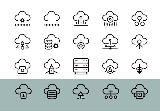 Vector Set of Network and Cloud Computing Flat Line Web Icons