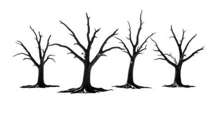 Four skeletal, charcoal grey trees with gnarled roots on cracked arid clay, casting long shadows against a white background, conveying profound resilience and isolation