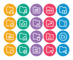 Circle color outline icons set for Folder, save.