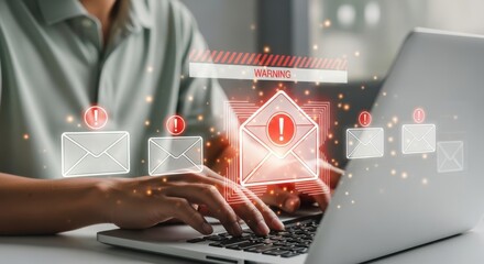 Person using laptop with digital email notifications and warning alerts overlayed