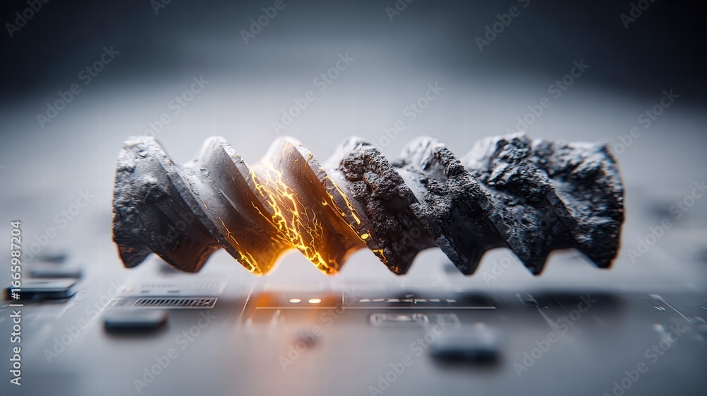 Poster intricate metallic screw with glowing inner patterns against a tech-inspired blurred background.