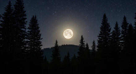 Majestic Full Moon Over Mountain Forest Night