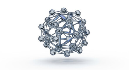 Molecular structure model with transparent spheres and connecting rods on white background