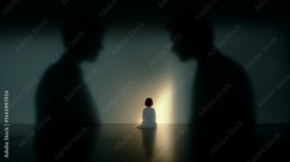 Poster a solitary figure sits in a dimly lit space. two dark silhouettes loom in the background, creating a