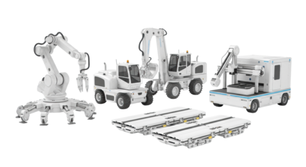 transparent, sleek, futuristic autonomous construction units on a transparent infinity cove studio background with soft light reflections, showcasing advanced robotic engineering for urban