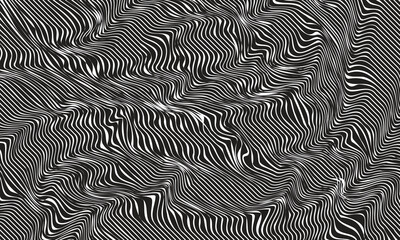 Abstract black and white wavy striped background resembling zebra pattern, modern optical illusion design, perfect for fashion, wallpaper, posters, textiles, and digital art.