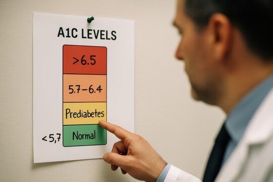 A doctor points at a chart explaining A1C levels on a wall, highlighting the prediabetes and diabetes thresholds for awareness.