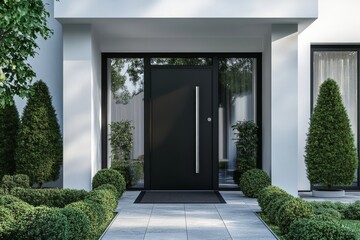 Modern home entrance design is elevated by a contemporary black fiberglass entry door accompanied by a sidelight window