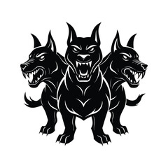 Fierce three headed black dog mythological creature illustration