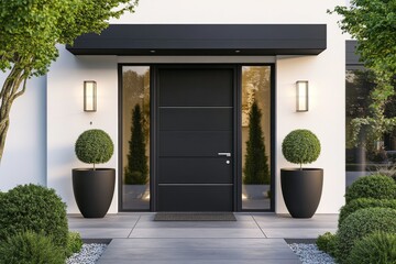 The contemporary design of a black fiberglass entry door with a sidelight window results in a sophisticated modern home entrance