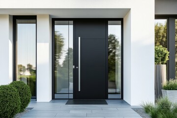 Fototapeta premium A black fiberglass entry door paired with a sidelight window forms a contemporary and sophisticated modern home entrance design
