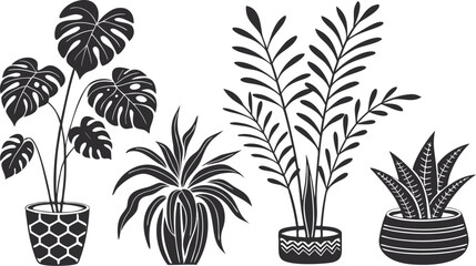 Set of indoor potted plant silhouette vector icons, perfect for gardening design, botanical home decor, foliage illustrations, eco-friendly artwork.
Exotic Palm Leaves, Monstera, and Botanical Foliage