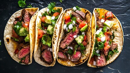 Beef carne asada style street food tacos with marinated steak