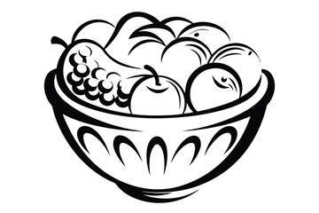Bowl of Fruits Outline Apples, Pears, Grapes, Oranges, White Background