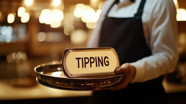 Waiter’s tray elegant design bold TIPPING text surreal minimalist restaurant background service industry commentary tipping culture behavioral economics guilt incentive.