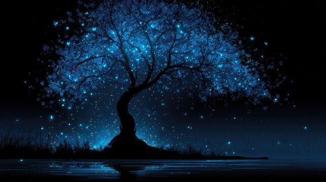 Glowing blue tree at night, reflected in still water - Powered by Adobe
