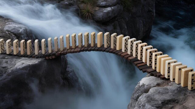 Domino trust bridge symbolizing fragile connections over a rushing waterfall