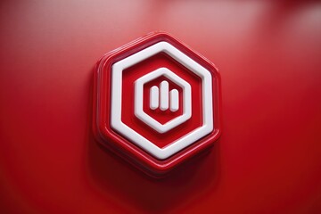 Red background, 3D white hexagonal logo