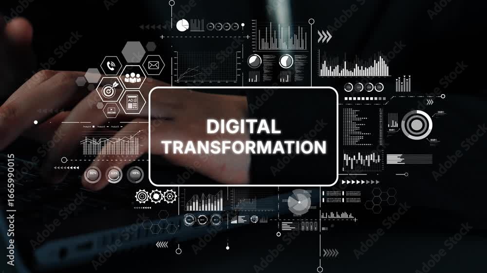 Poster hands on keyboard engaged in digital transformation with data visualization elements around modern t