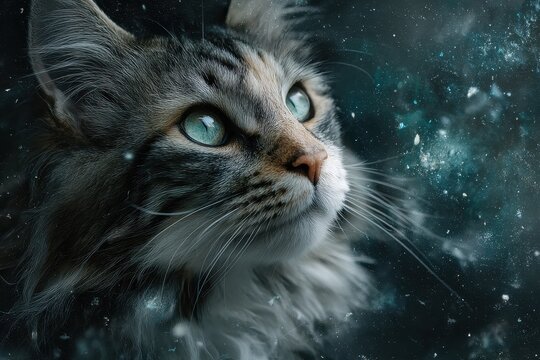 A stunning cat gazes into the cosmos in a vibrant and colorful space background filled with stars and cosmic dust, showcasing its captivating eyes and soft fur