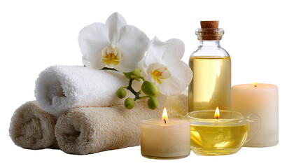 Realistic spa elements isolated on a white background, including candles, orchid flowers, wooden vases with a tea towel, beauty treatments for skin care and body massage, and relaxation in a wellness 