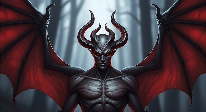 Dark Demon Figure with Red Wings and Horns.