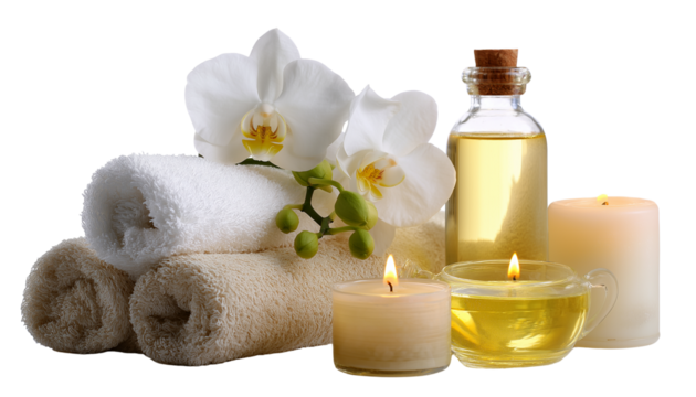 Realistic spa elements isolated on a white background, including candles, orchid flowers, wooden vases with a tea towel, beauty treatments for skin care and body massage, and relaxation in a wellness 