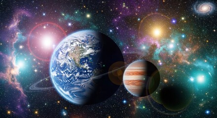 Vibrant earth and jupiter planets in deep space with colorful nebula and distant stars