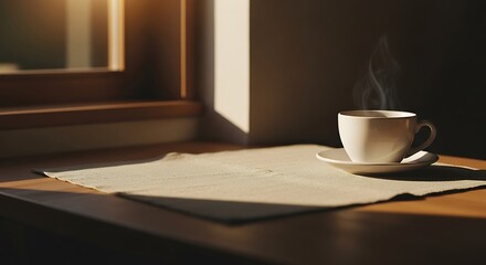 Steaming Coffee Cup by Window Warm Sunlight Still Life