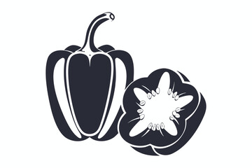 Black Outline of a Bell Pepper with Halved Pepper on White Background