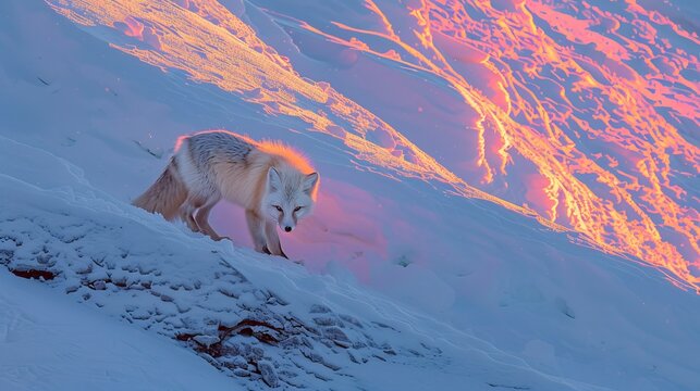 Arctic fox elegantly walking across a pristine snowy landscape during a breathtaking sunset - Powered by Adobe