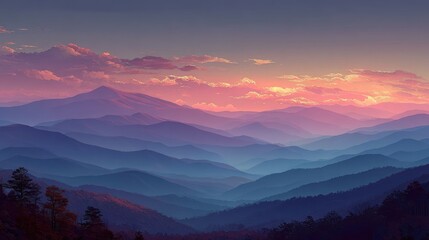 Serene sunset over layered mountain ranges, hues of purple and blue