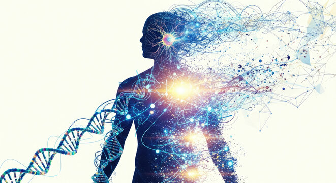 Silhouette of a person with dna strand and network connections on a white background