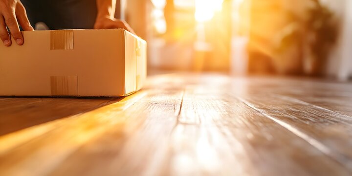 Warehouse scene with cardboard boxes and blurred figure walking through golden light, perfect for fulfillment center promos, shipping logistics visuals