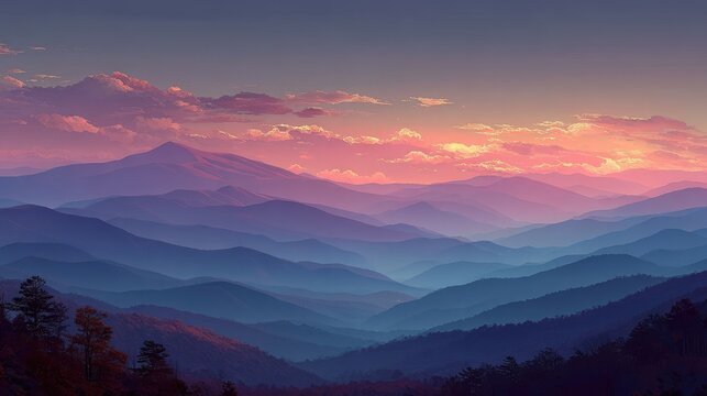 Serene sunset over layered mountain ranges, hues of purple and blue