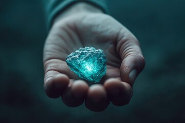 A luminous blue crystal is held gently in the palm of a hand, showcasing its vibrant glow.